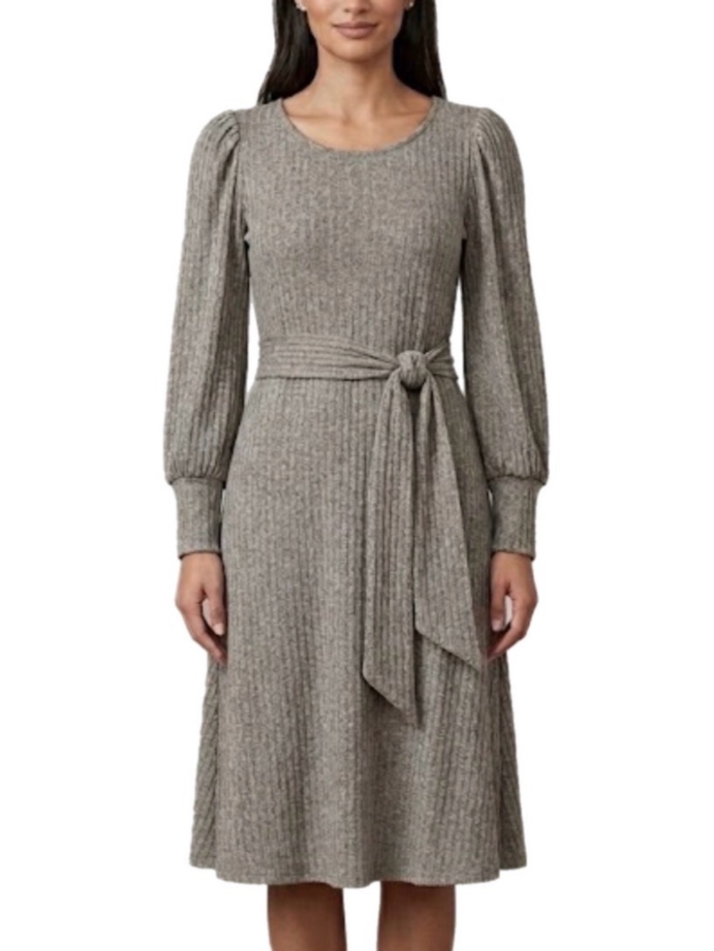 12 Wisp Women’s Winter Ribbed Tie-Waist Midi Tie Waist Dress in Taupe